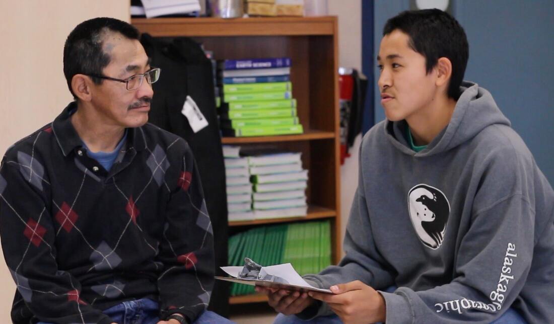 Stanley Tocktoo and Sam Tocktoo doing a Climate Stories Project interview in Shishmaref, Alaska.